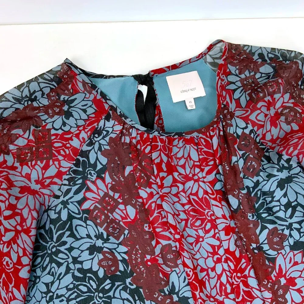 New Cinq a Sept Silk Chiffon Floral Tie Back Peplum Blouse Red Black Sz XS - Picture 10 of 16